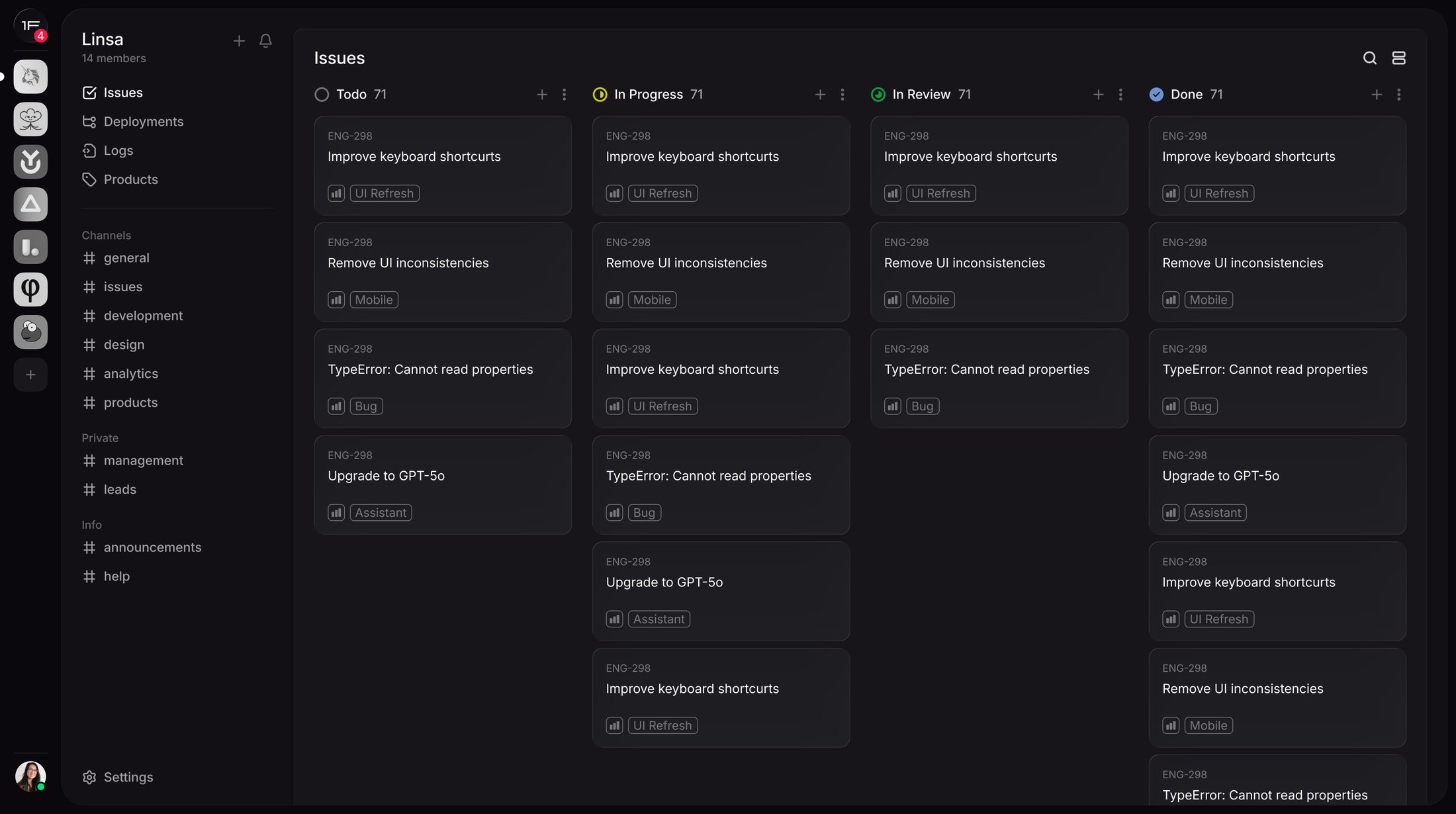 A Linsa workspace on desktop: channels on the left, a board of issues in progress on the right.